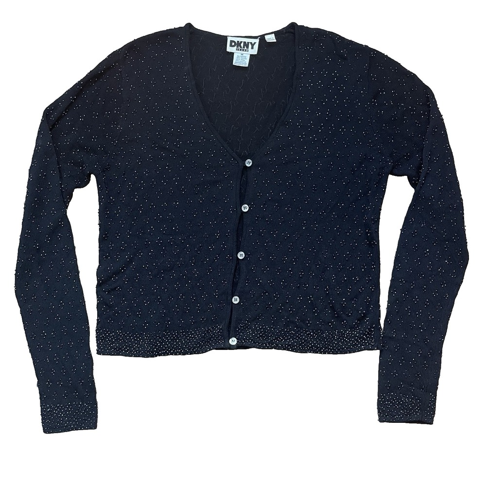 DKNY Y2K Beaded Cardigan Sweater Black Button Front Oversized M
